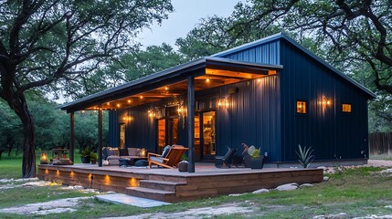 Navy barndominium exterior with modern lighting and an outdoor deck