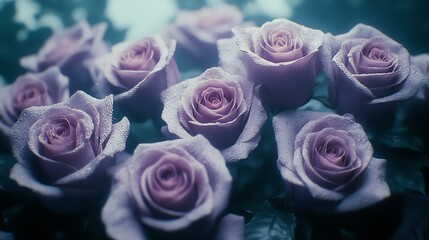 Abundant Cluster of Purple Roses Glistening with Dew in Morning Light : Generative AI