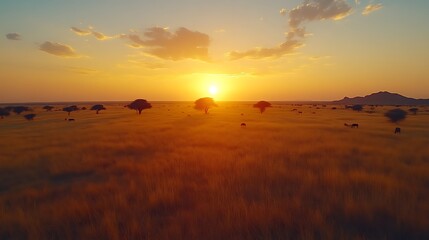 Golden sunset over African savanna.