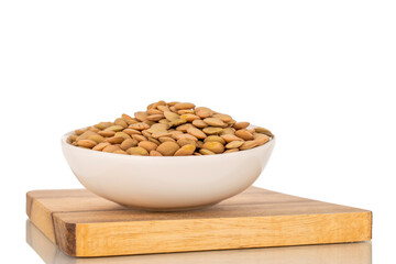 Lentil seeds in a white ceramic plate, close-up, isolated on a white background.