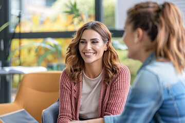 Fototapeta premium Two young women coworkers engage in a friendly chat in a contemporary, well-lit workplace
