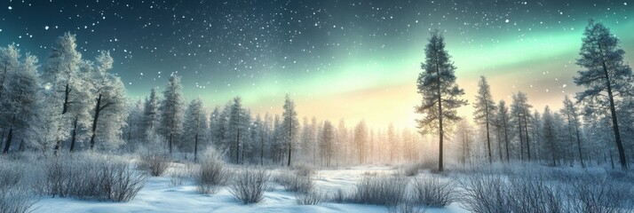 Fototapeta premium Beautiful aurora and winter landscape with snow forest.