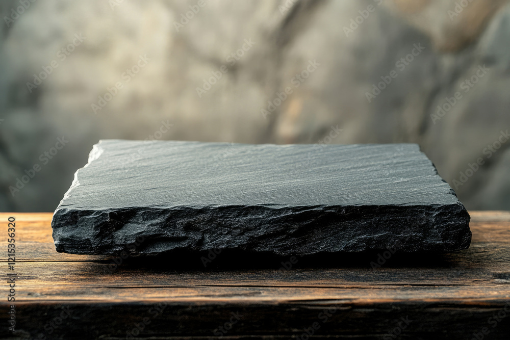 Poster A rustic, dark slate slab rests on a weathered wooden surface against a blurred stone background, offering a minimalist display.