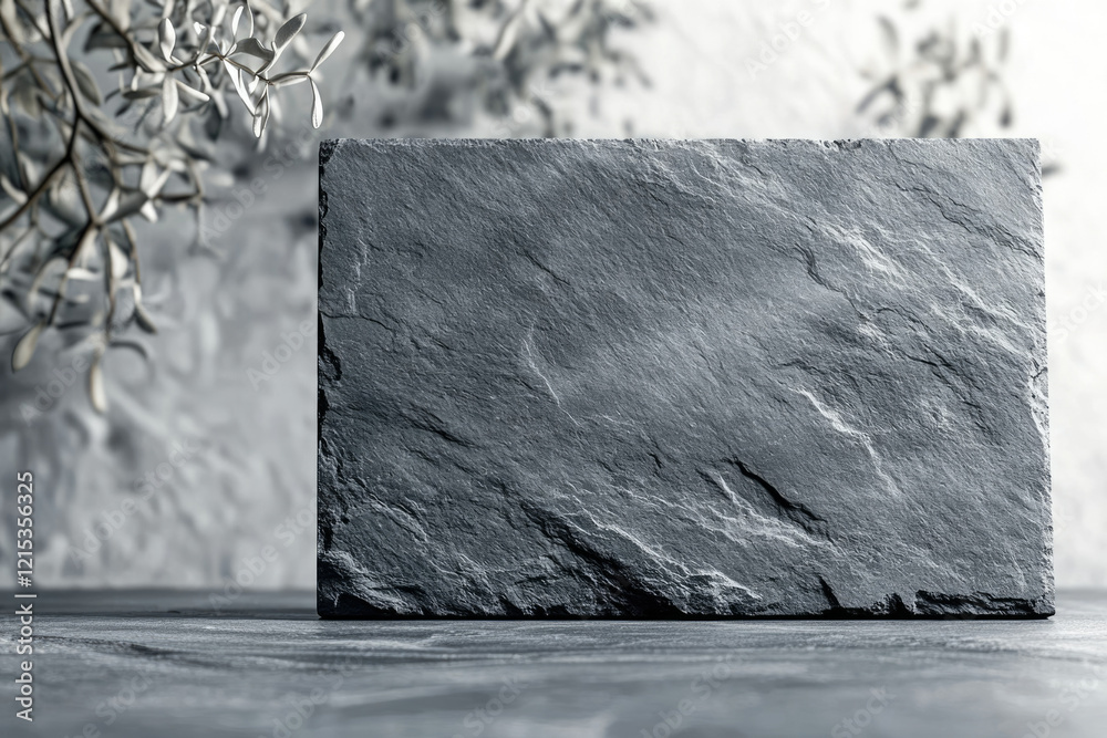 Poster a dark gray slate stone rests on a table, with a blurred background of an olive branch.