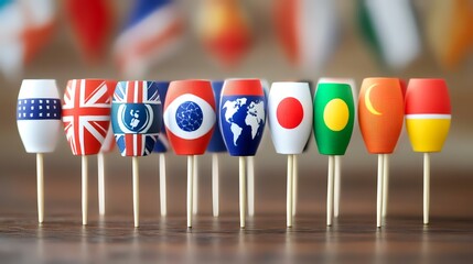 Global cooperation, flags on table, international flags background, world unity concept, travel