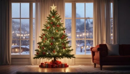 Fototapeta premium Decorated Christmas tree with lights and tinsel in front of a window , festive atmosphere, tinsel