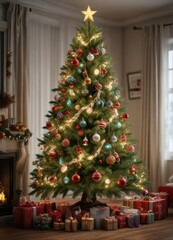 Decorated Christmas tree with multiple ornaments, garlands, and lights, festive lighting, sparkling tree