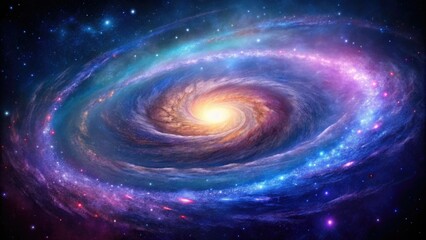 Dazzling spiral galaxy with shades of purple and blue hues, featuring a bright central core, vibrant nebula, cosmic, astronomy, galaxy wallpaper, universe