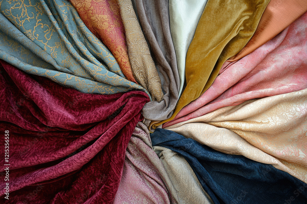 Poster A collection of various colors and textures of fabrics arranged in a radial pattern.