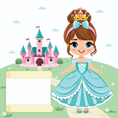 Template with cute little princess with beautiful eyes and golden crown stands in front of the castle. Poster, Banner, Flyer, Greeting Card. Vector illustration in flat drawn cartoon style
