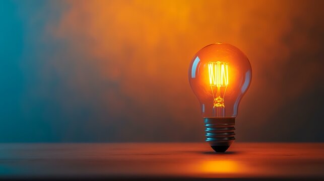 Glowing light bulb on table, orange background, idea concept, stock photo