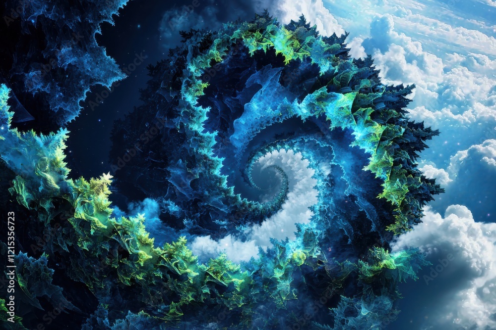 Poster dynamic abstract fractal patterns in shades of blue and green digital art exploring depth and gigapi