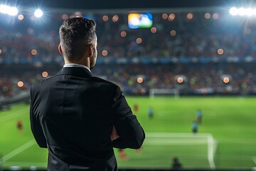 Businessman watches a football game at night in a stadium with a blurred crowd in the background