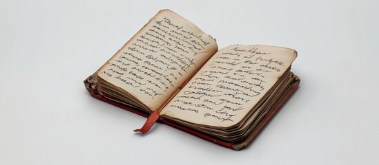 Antique journal open, handwritten text, white background, studio shot