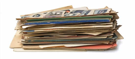 Old papers stacked, studio shot, white background, archival use