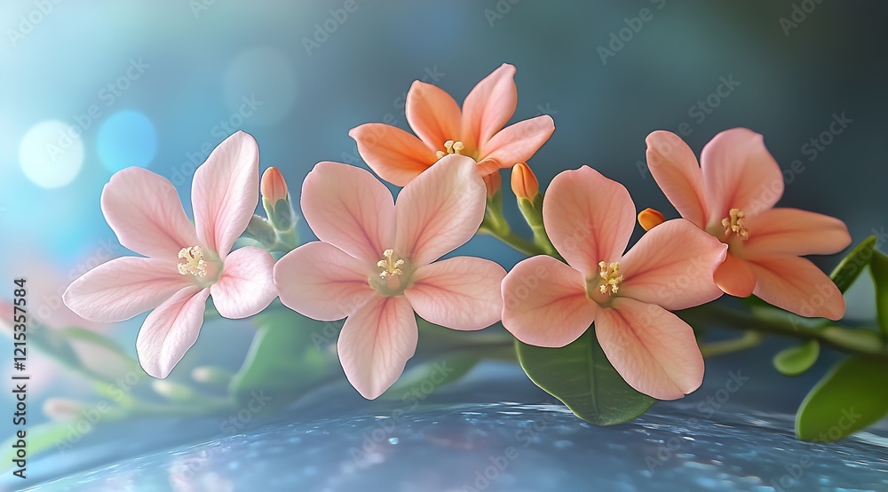 Aufkleber delicate pink flowers on stem with soft blue bokeh background capturing natural serenity : generativ