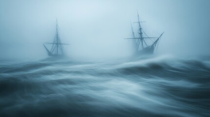 Obraz premium Two ghostly ships navigate through a misty sea with turbulent waves, evoking a sense of mystery and adventure.