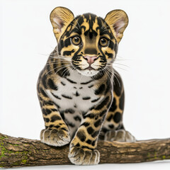 Obraz premium Clouded leopard cub perched on branch, intense gaze, striking coat pattern.