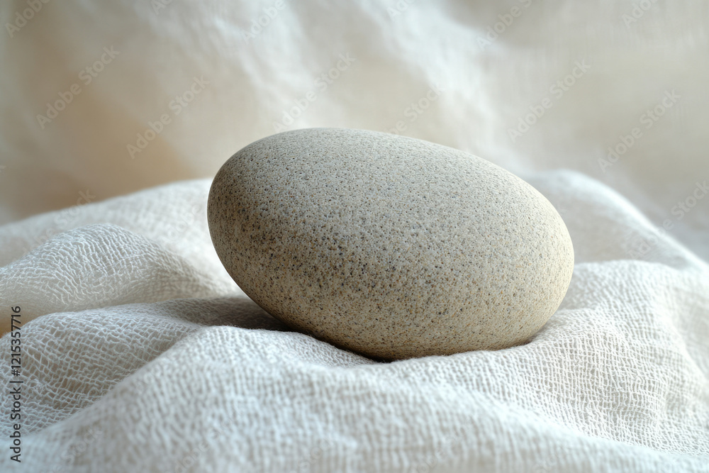 Poster a smooth, light gray stone rests gently on a textured white fabric, creating a serene and minimalist