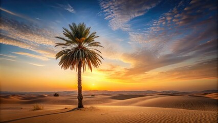 Desert landscape at dusk with a single palm tree standing tall, solitary figure, warm light, arid landscape