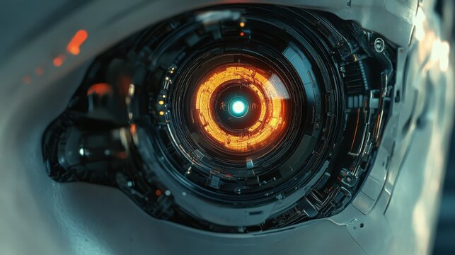 Close up view of a highly detailed futuristic robot eye with orange and blue light