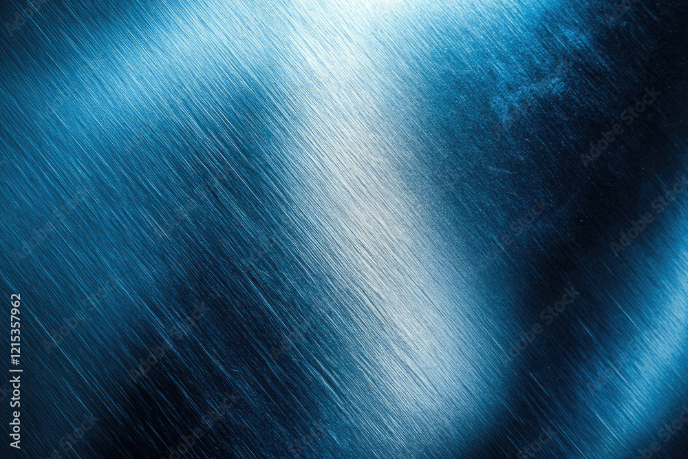 Poster abstract background of brushed dark blue metal with diagonal lines and light reflection.