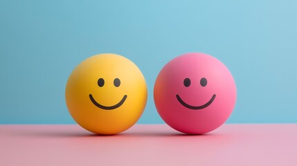 Happy yellow and pink smiley balls on pastel background. Positive emotions concept for website or social media