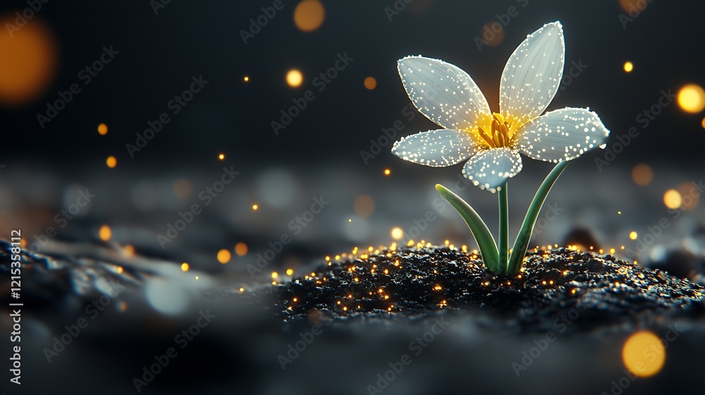 Aufkleber Glowing White Flower on Dark Ground with Sparkling Particles : Generative AI