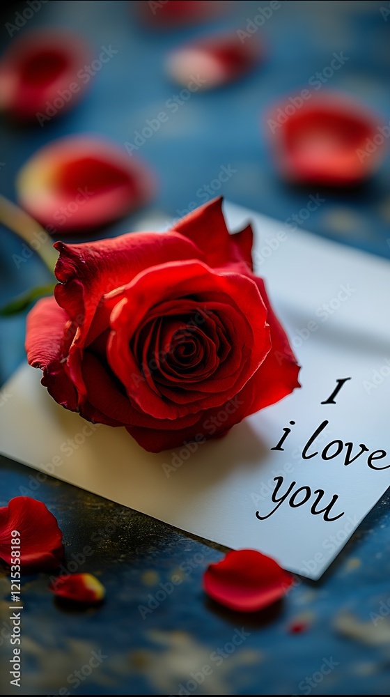 Poster Vibrant Red Rose and I Love You Message Set Against a Dynamic Blue Background : Generative AI
