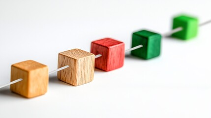 Obraz premium Wooden blocks connected, progress concept, white background, workflow