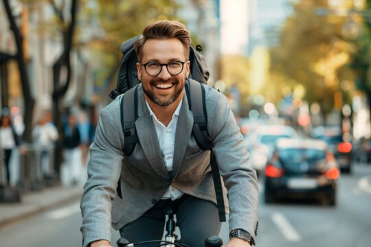 Young professional happily rides his bicycle to work in the city