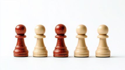 Red pawns lead, white pawns follow, studio shot, strategy concept
