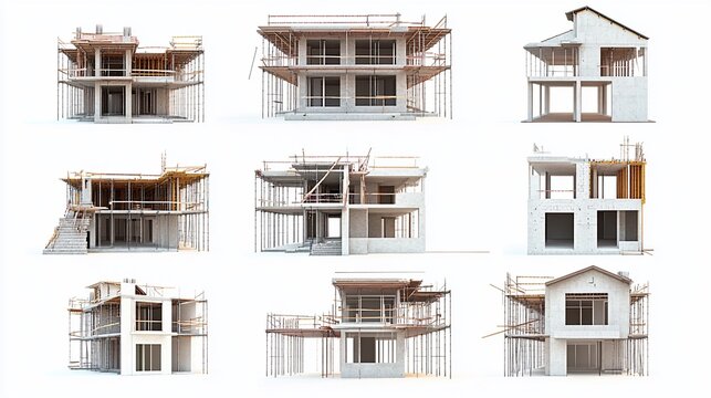 House Construction Stages, 3D Model, White Background, Development, Real Estate
