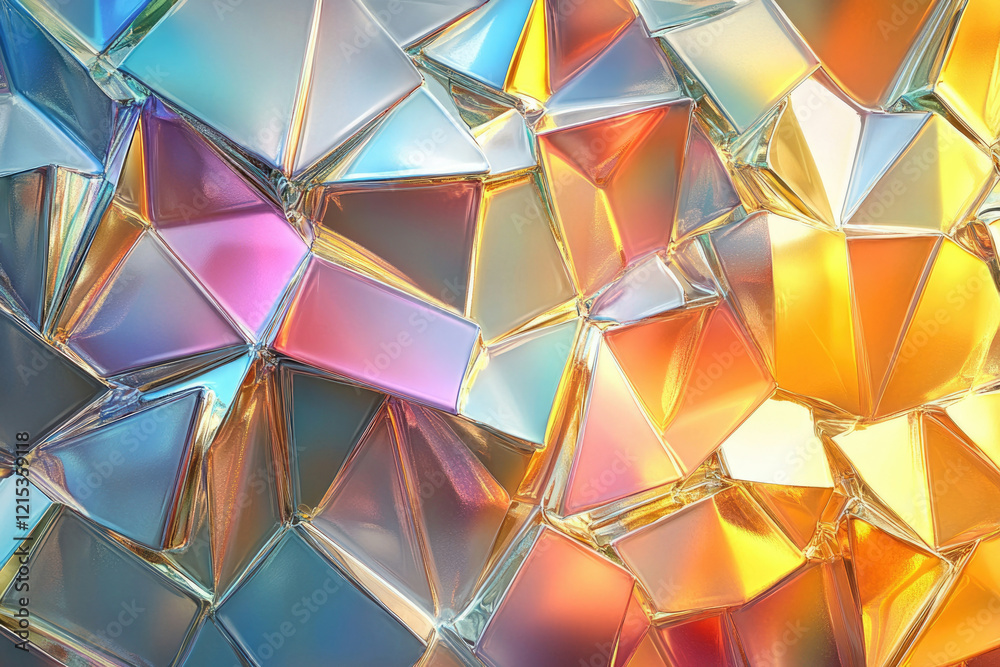 Poster abstract image of iridescent, fragmented geometric shapes creating a vibrant, colorful, and reflecti
