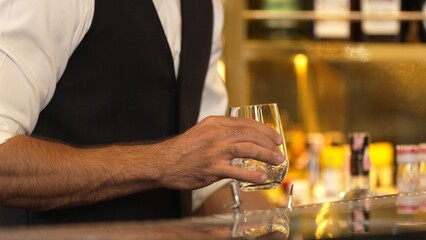Closeup bartender hand in poring fresh soda gas texture into glass of drink advertisement serving customer at beverage bar counter luxury pub for welcome impression greeting guess service. Vinosity.