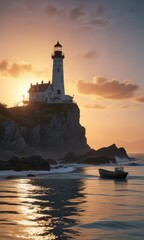 Fishing boat in front of a majestic lighthouse as the sun dips into the sea, clouds, sailboat, fishing boat