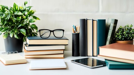 Office desk with books, plants, glasses, and tablet; cozy workspace background, ideal for education or business concept