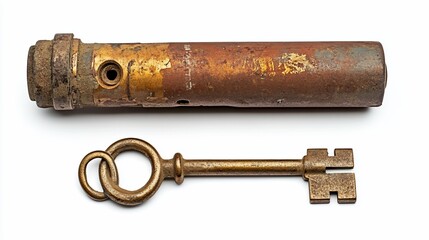 Antique brass key & rusty lock cylinder on white