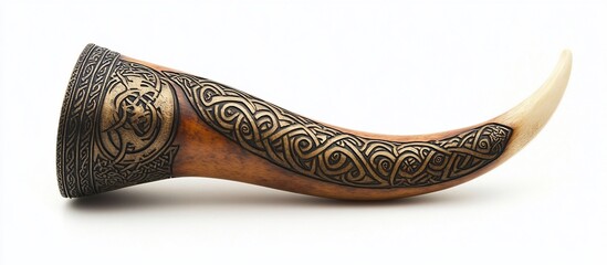 Ornate carved horn drinking vessel on white background