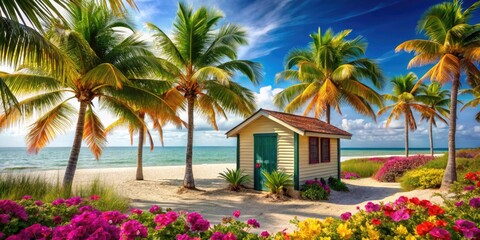Fototapeta premium Cozy beach hut nestled among tall palm trees and vibrant beach flowers, seaside retreat, colorful flowers