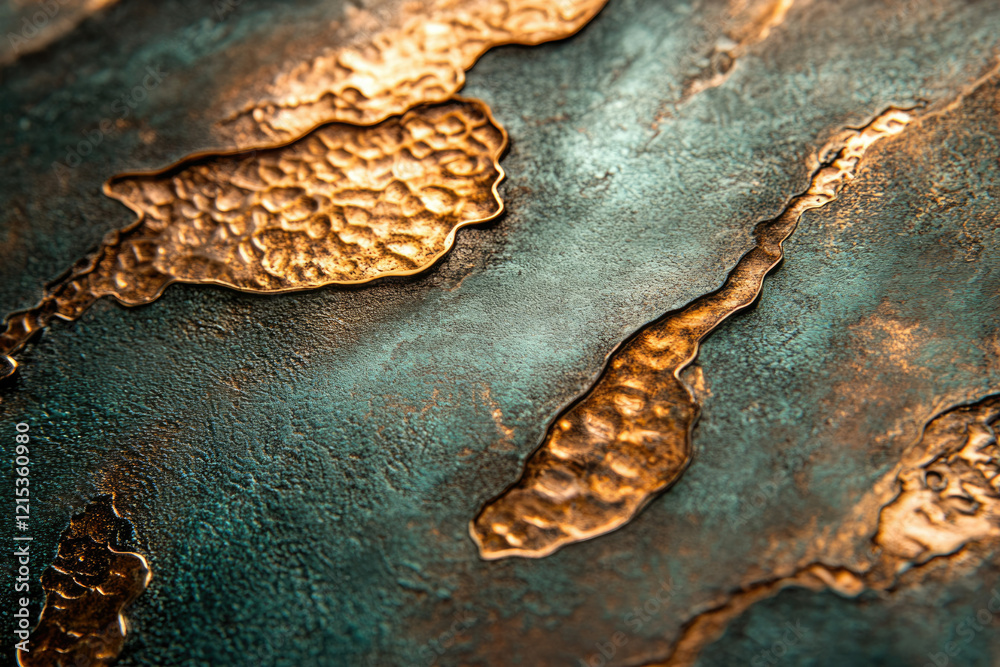 Poster close-up of textured metallic surface with gold and teal accents, showcasing intricate patterns and 