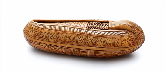 Carved wooden boat-shaped container; studio background; decorative art