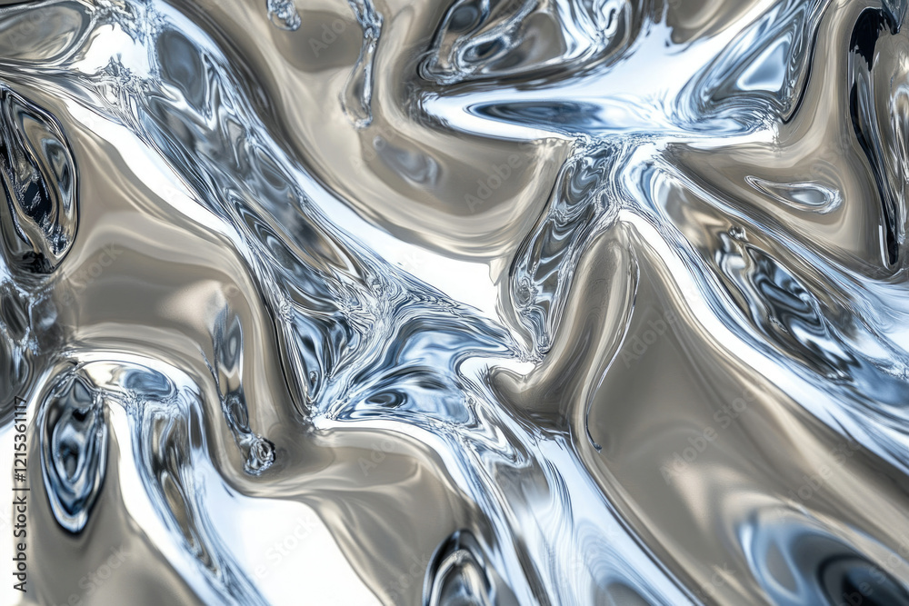 Poster abstract image of flowing, liquid metal with swirling, reflective patterns in shades of silver and g