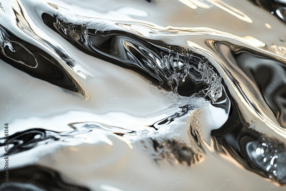 Poster abstract image of flowing, reflective liquid metal with shimmering highlights and shadows.