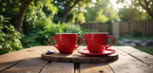 Cozy red cup of black coffee on a wooden bench in a quiet outdoor garden, quiet, outdoor, peaceful
