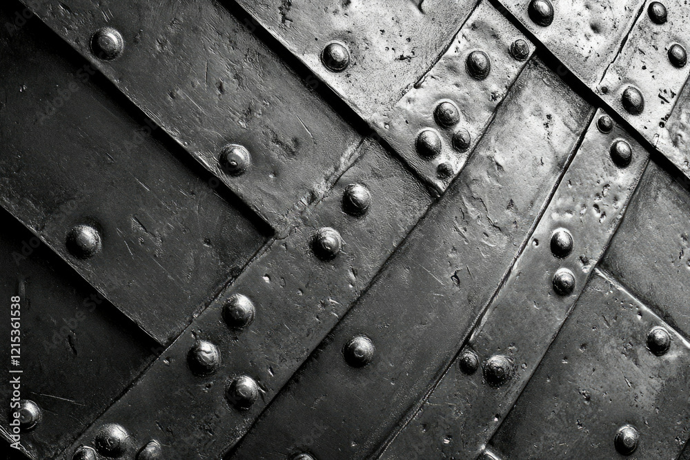Poster black metal surface with diagonal overlapping plates and rivets.