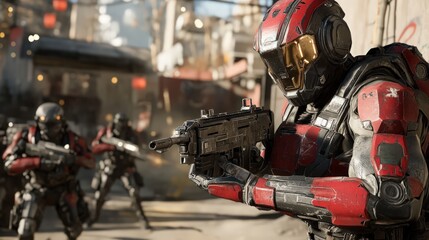 Fototapeta premium Futuristic Soldiers in Red Armor Holding Weapons in Urban Setting Ready for Battle
