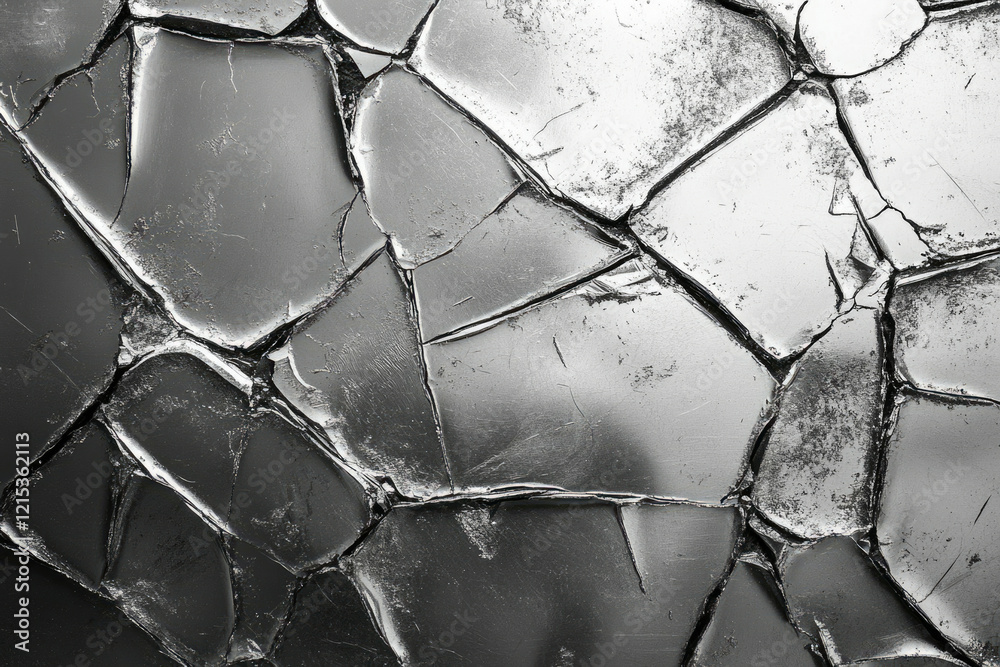 Poster abstract monochrome image of cracked metallic surface resembling dry earth or broken ice.