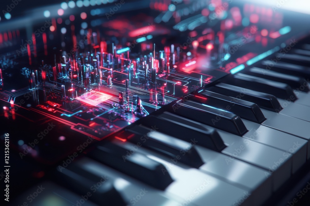 Poster futuristic cyberpunk interface concept with neon gradients digital keyboard integration high-tech en