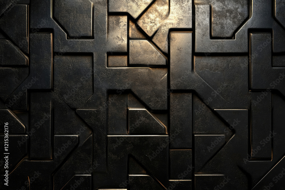 Fototapete dark, geometric, metallic texture with interlocking shapes creating a complex, abstract pattern.